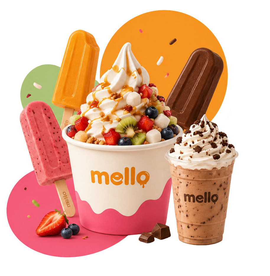 Mello frozen yogurt cup, popsicles, and an iced shake
